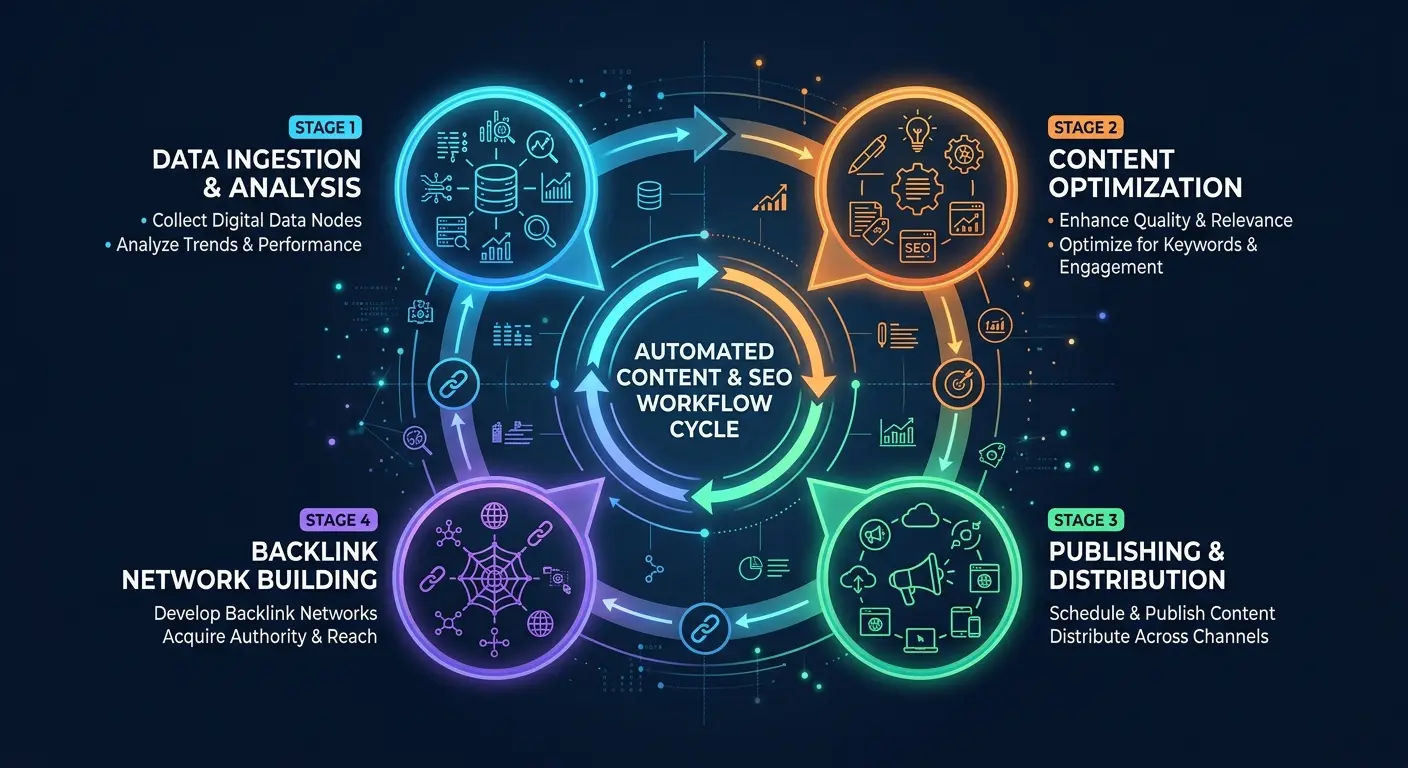 Four-stage automated workflow diagram showing continuous search optimization and organic growth cycles