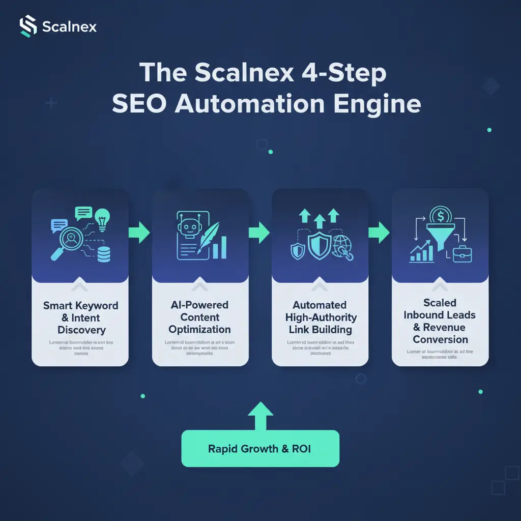 Infographic illustrating the 4-step framework and benefits of automated SEO for rapid scaling.