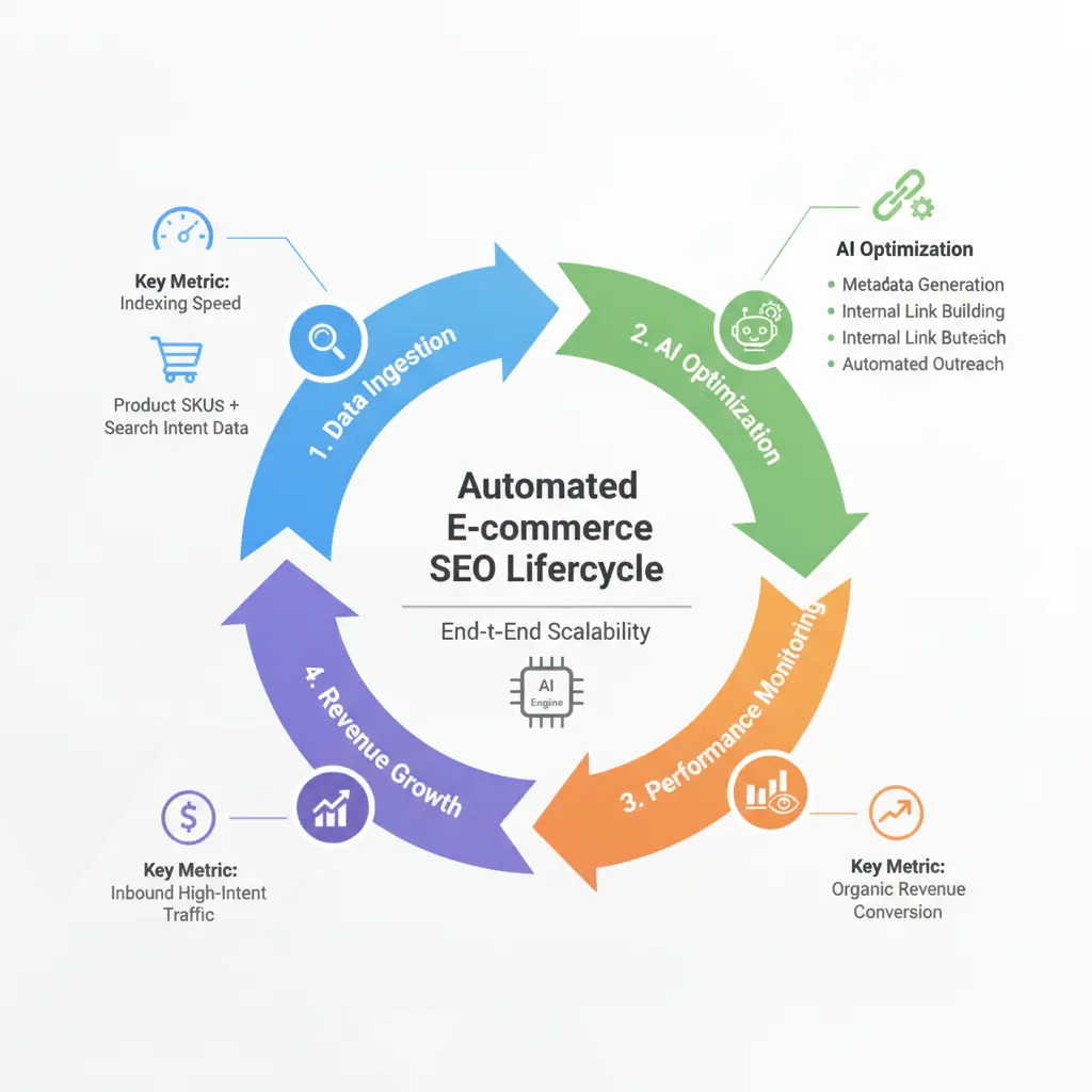 Infographic illustrating automated and scalable SEO for e-commerce growth pipeline