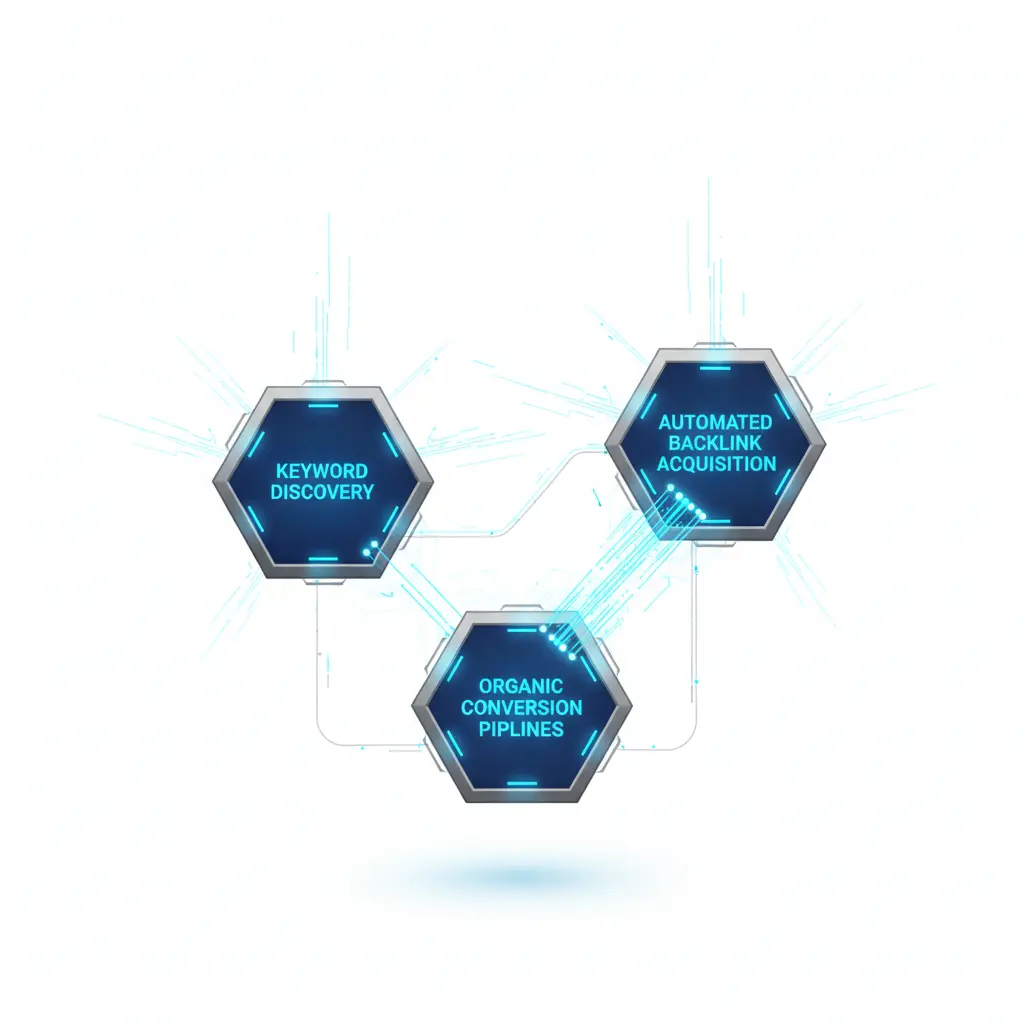 A futuristic digital growth engine diagram with glowing data pathways for keyword discovery, backlink acquisition, and organic conversion.