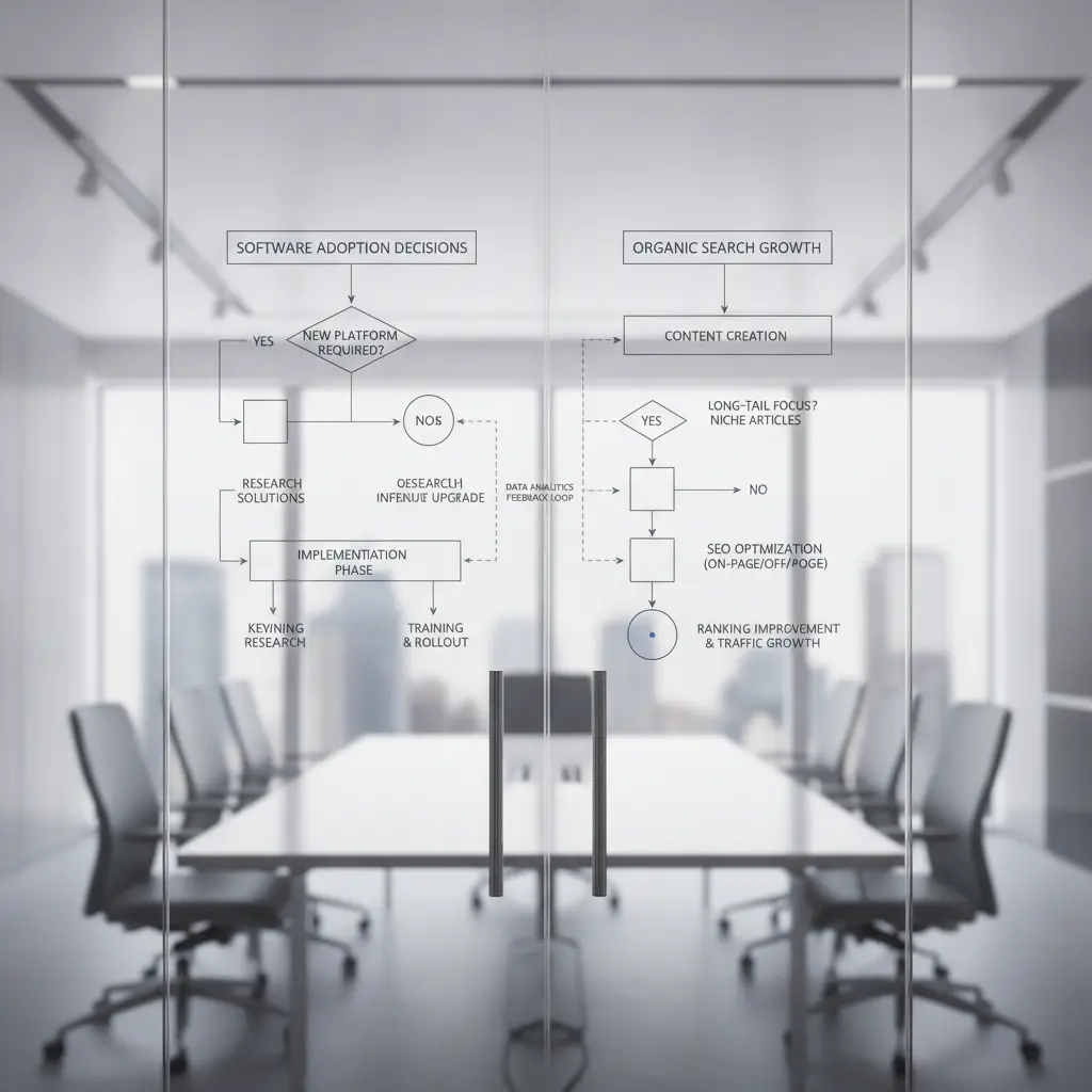 A minimalist flowchart diagram mounted on a glass wall in an executive meeting room.