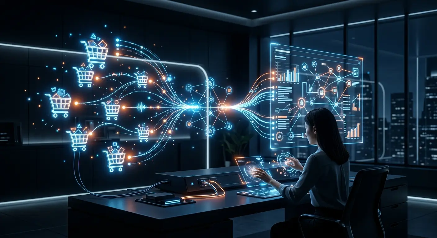Digital visualization showing connected search engine ranking nodes and online retail metrics.