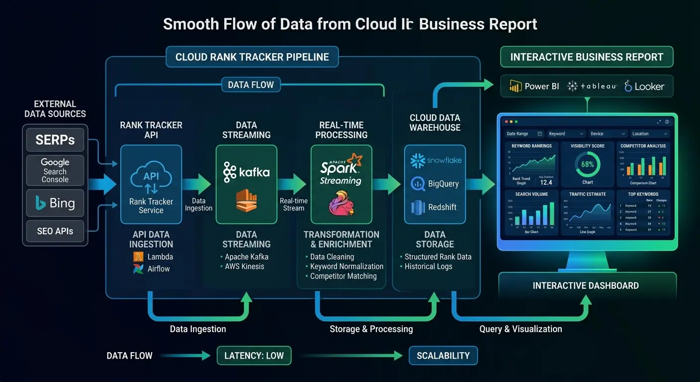 Diagram displaying automated rank tracking data pipeline streaming into Looker Studio analytics dashboard panels.