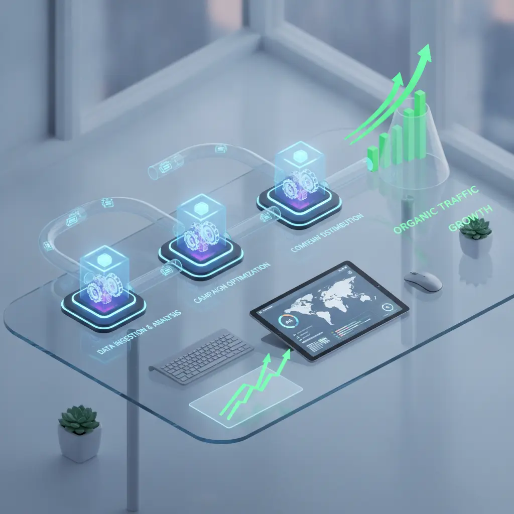 Isometric 3D workflow diagram showing automated digital marketing with data pipelines, AI nodes, and rising organic traffic indicators on a modern desk.