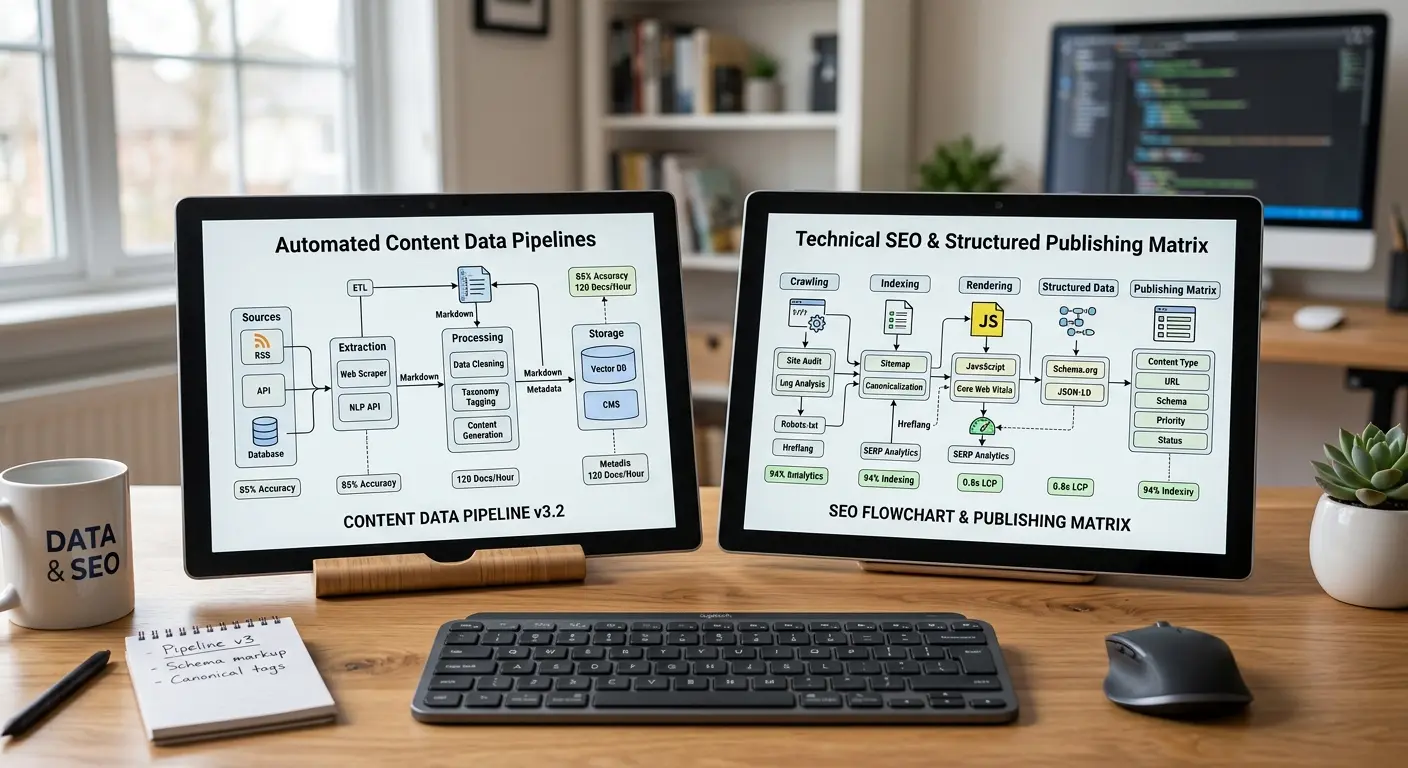 Digital displays showing technical SEO workflows and automated content optimization comparative data