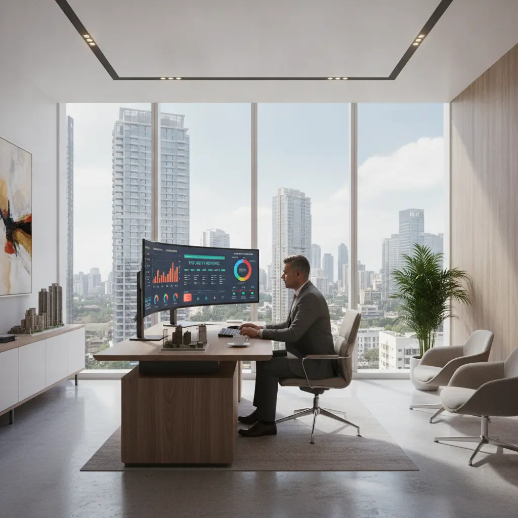 Executive in a modern Delhi real estate office reviews property metrics on a large monitor.