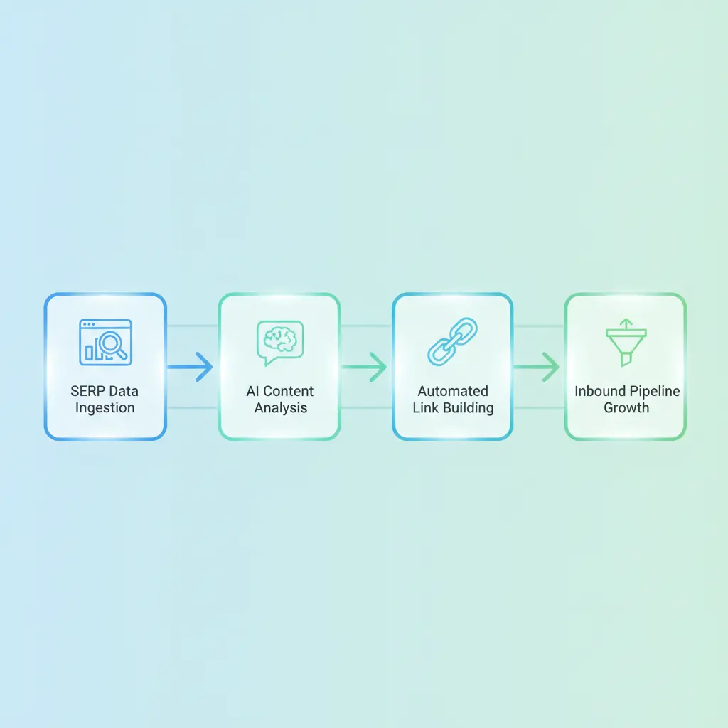 A clean 4-step horizontal workflow diagram for automated SEO with minimalist icons, blue and mint green accents.