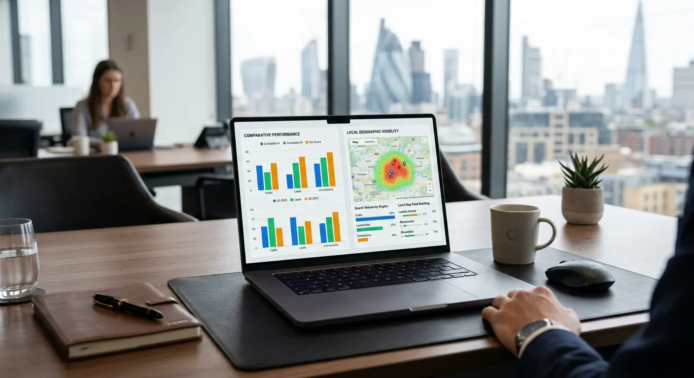 Laptop screen displaying geographic rank tracking metrics and conversion data comparison charts on an executive desk.