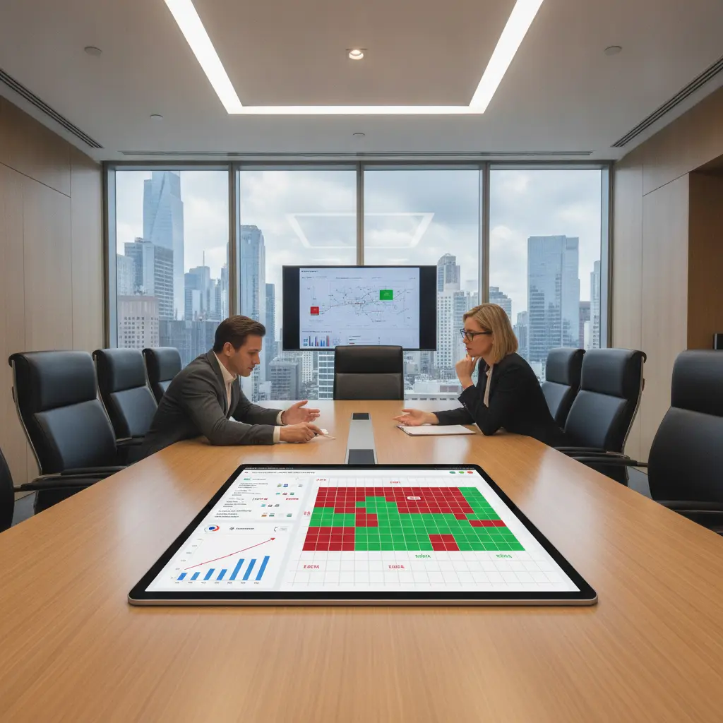 Two business analysts in a modern meeting room reviewing geo-grid ranking charts on a digital tablet.