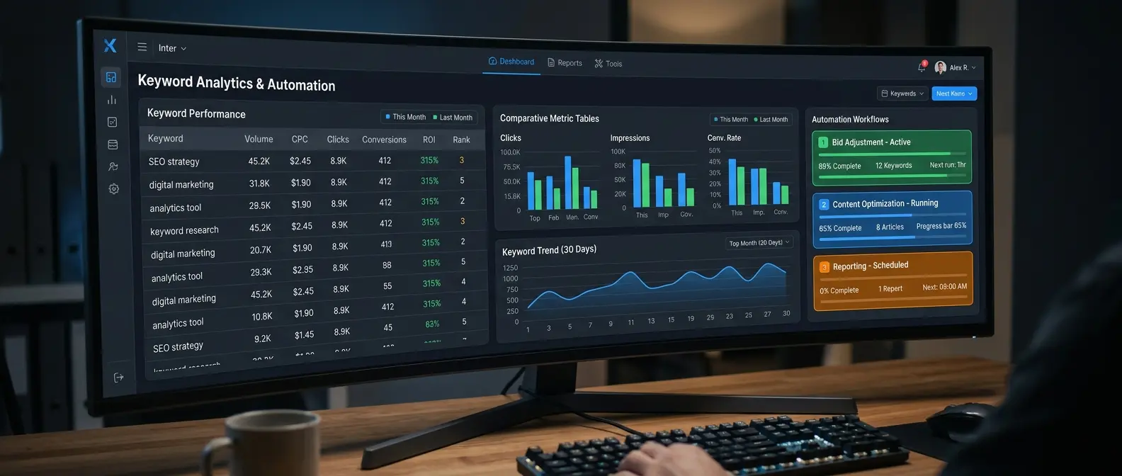 Detailed analytics interface displaying keyword performance metrics and automated reporting workflow status indicators.