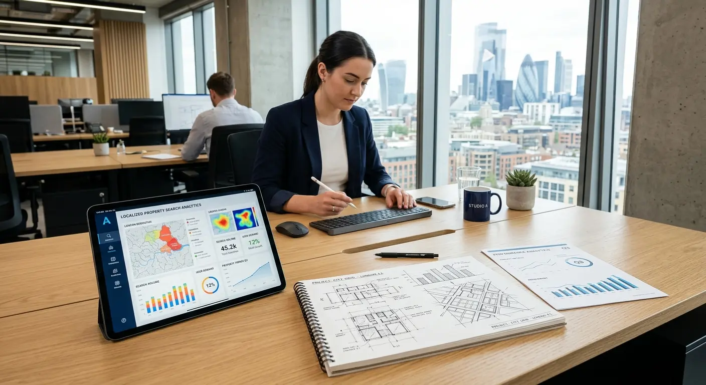 Tablet displaying property search analytics and neighborhood performance data on a modern office desk