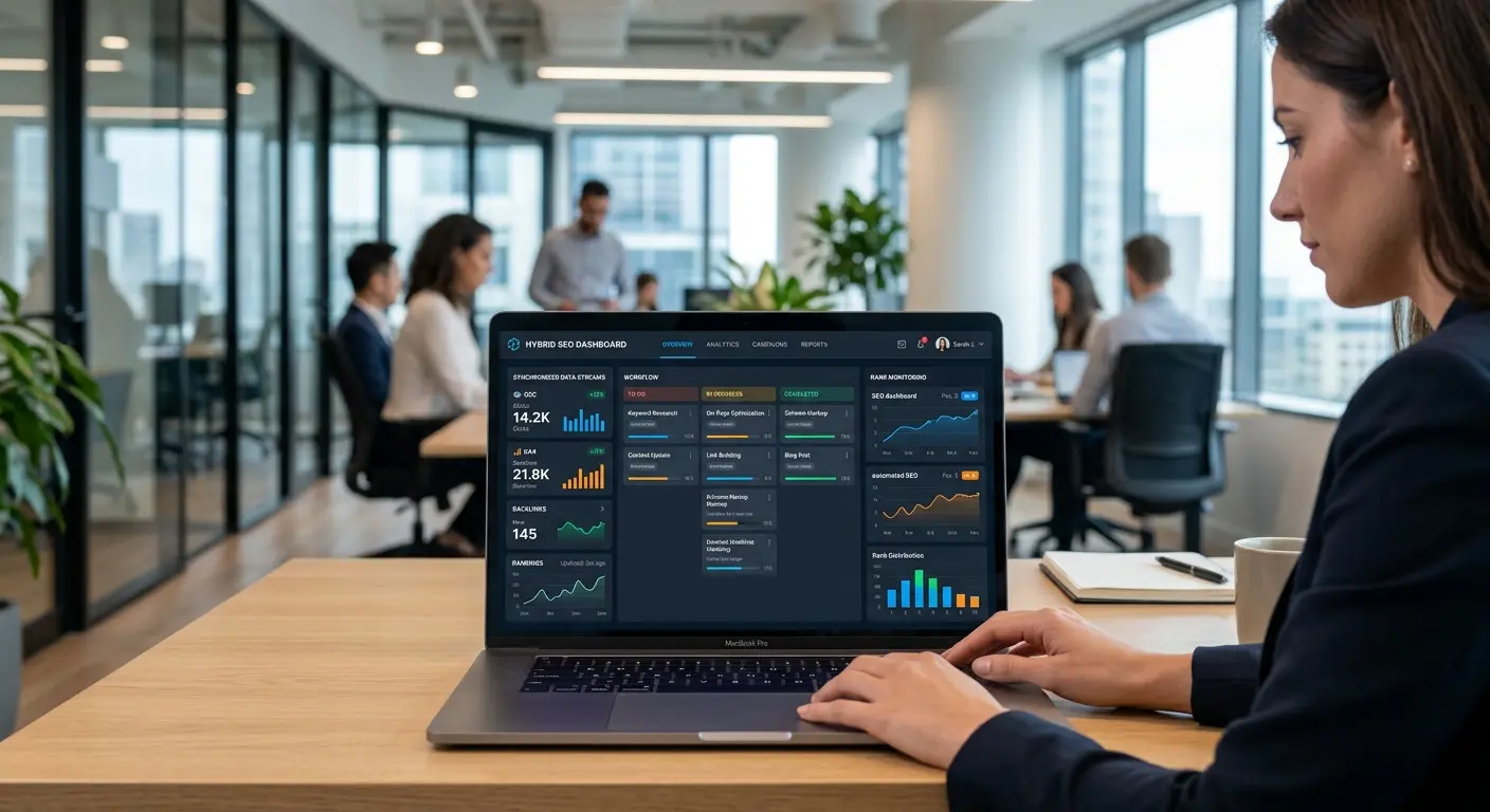 Automated SEO workflow dashboard displaying keyword rank tracking and optimization metrics on laptop
